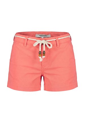 Coral pink casual shorts with front pockets and a white braided rope belt tied in a bow with wooden and metal bead accents.