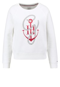Felpa bianca con un design centrale di un'ancora rossa accentuata con dettagli di corda. Le maniche e l'orlo a coste completano il look casual.