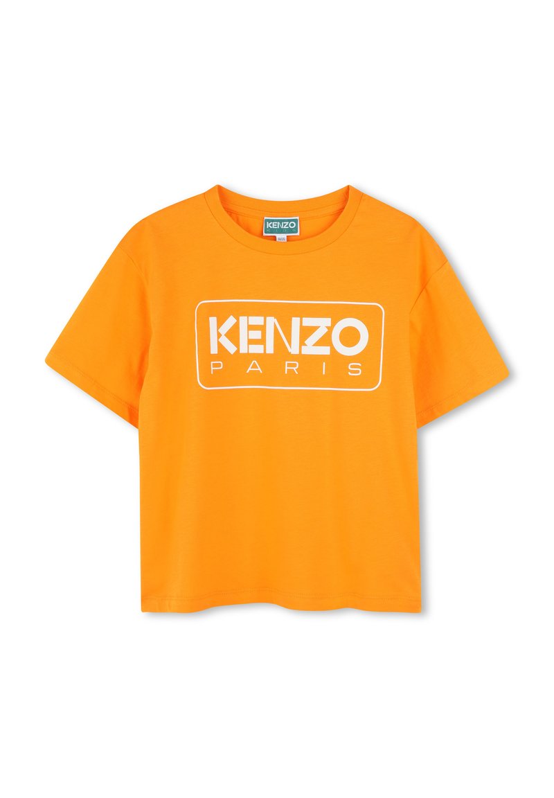 Orange cotton t-shirt featuring a white rectangular logo that reads "KENZO PARIS." Short sleeves and a round neckline.