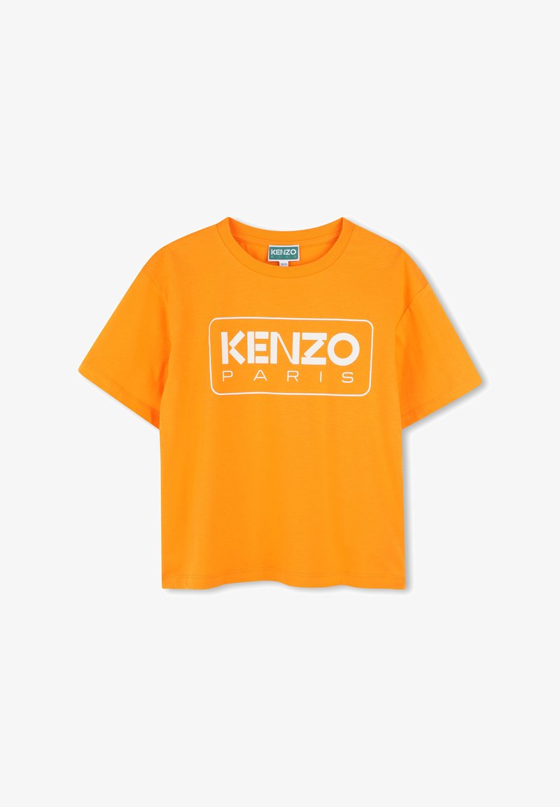 Orange cotton t-shirt featuring a white rectangular logo that reads "KENZO PARIS." Short sleeves and a round neckline.