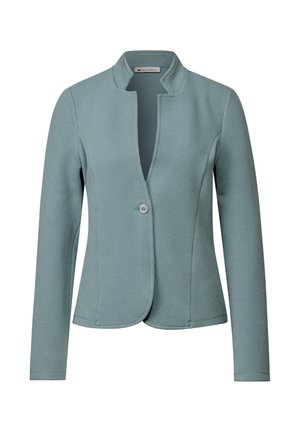 Light blue textured jacket with a fitted design, no collar, single button closure, and long sleeves.