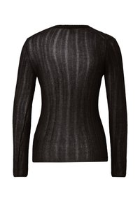 Czarny, długi sweter z dzianiny prążkowanej z długim rękawem, widziany od tyłu, o dopasowanym kroju i subtelnym pionowym fakturze.