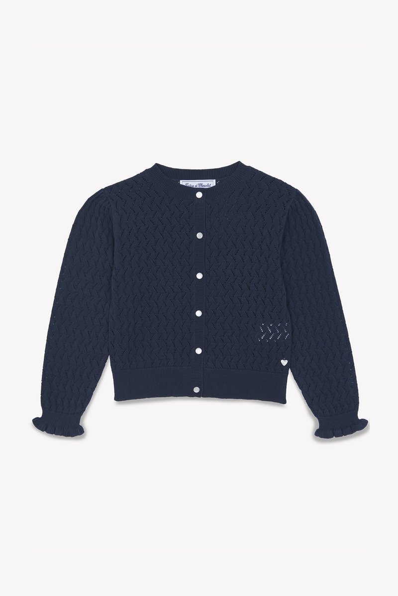 Navy blue knitted cardigan with a textured zigzag pattern, round neckline, ruffled cuffs, button front closure, and a heart detail on the sleeve.