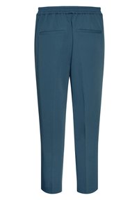 Blauwe, lichte broek met een elastische tailleband en twee achterzakken; recht gesneden; gladde textuur, op maat gemaakt ontwerp.
