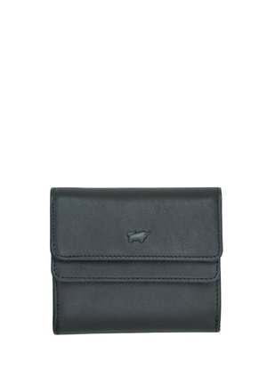 Portafoglio in pelle nera con bordi cuciti e piccolo logo di elefante in rilievo centrato sulla patta frontale.