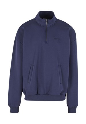 Marineblauer Pullover aus weichem Stoff, mit halbem Reißverschluss am Kragen, langen Ärmeln und zwei Fronttaschen.