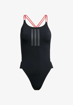 Black swimsuit with thin red crisscross straps and three vertical black stripes on the front. Smooth texture, high-cut leg openings.