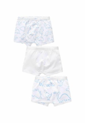 Tre par drengeboxershorts i hvidt stof med blå dinosaur-mønstre. Blødt bomulds materiale, elastiske taljer.