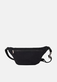 Black fabric fanny pack with a zippered main compartment. Features adjustable strap and metal hardware, designed in a sleek, minimalist shape.