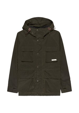 Chaqueta verde oscuro con capucha, que presenta cuatro bolsillos frontales, botones a presión y detalles de cordón. Fabricada con un tejido resistente.