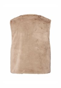 Beige Fake-Fur-Decke, rechteckige Form, weiche Textur, leicht abgerundete Oberseite, nahtloses Design, minimale Naht, keine sichtbaren Akzente oder Muster.