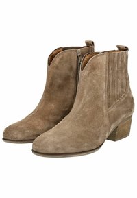 Wildleder-Ankle-Boots in Hellbraun mit runder Zehenpartie, seitlichem Reißverschluss und gerippten Akzenten. Der niedrige Blockabsatz sorgt für Stabilität.