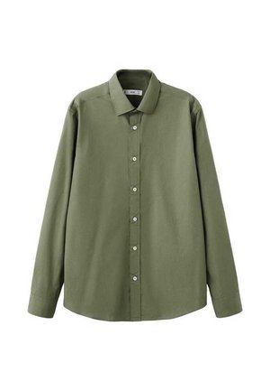 Oliivinvihreä, pitkähihainen napitettava paita, jossa on klassinen kaulus ja yksivärinen pinta. Paidassa on valkoiset napit edessä ja rento istuvuus.