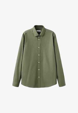 Olivo zelena srajca s knopi, dolgi rokavi, klasični ovratnik, enobarvna tekstura, bele gumbe spredaj, sproščen kroj.
