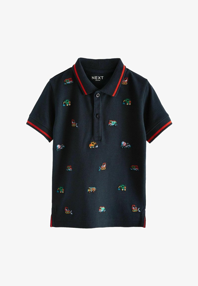 Námornícky polo tričko s červeným golierom, s multicolor vyšívanými stavebnými vozidlami po celom povrchu. Vyrobené z textúrovanej bavlnenej tkaniny.