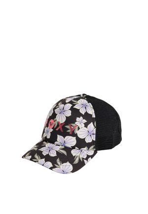 Gorra trucker negra de malla con estampado floral blanco y lila claro y texto rojo "ROXY" en el panel frontal.
