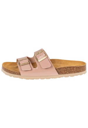 Infradito rosa con due fibbie regolabili, finitura opaca texturizzata, soletta in sughero e suola in gomma con un motivo a ondulazione.