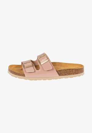 Infradito rosa con due fibbie regolabili, finitura opaca texturizzata, soletta in sughero e suola in gomma con un motivo a ondulazione.