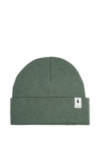 Green knitted beanie with a folded cuff and a small white tag featuring a black tree icon on the front side.