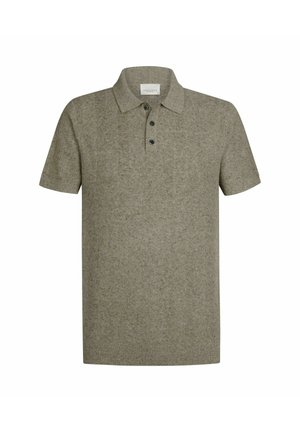 Poloshirt met korte mouwen in een gestructureerd beige visgraatpatroon, met een kraag en een knoopsluiting met drie knopen.