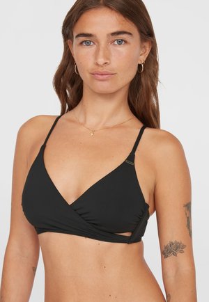 Top bikini a triangolo nero con spalline sottili regolabili, caratterizzato da un design avvolgente e un delicato dettaglio di arricciatura. Tessuto morbido.