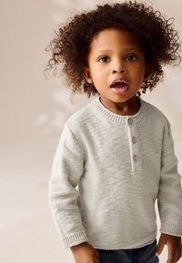 Maglione grigio chiaro lavorato a maglia con scollo rotondo, tre bottoni in legno e maniche lunghe. La texture è morbida con un motivo delicato.