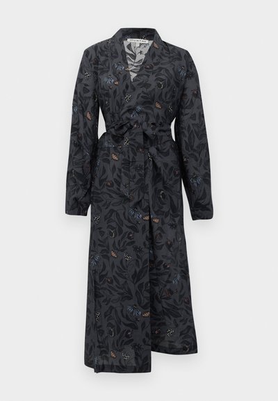 Black floral wrap dress featuring long sleeves, a v-neck collar, and a matching belt; adorned with colorful patterns of leaves and butterflies.