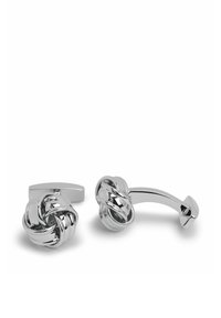 Silver-tone metal cufflinks featuring a knot design and a sleek bar. Polished finish with a smooth texture. Contemporary shape and style.