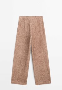 Pantalon taille haute à jambes larges en tissu marron clair texturé, posé à plat sur fond blanc.