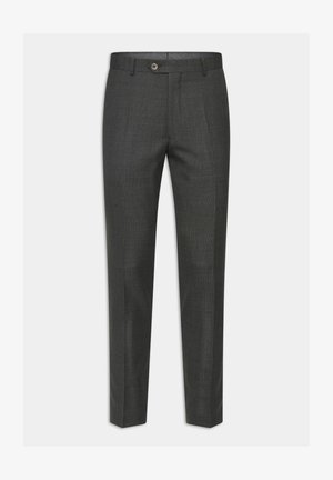 Pantaloni tailored grigio scuro con una leggera texture, taglio dritto e chiusura con un solo bottone frontale; presentano pieghe accuratamente stirate.