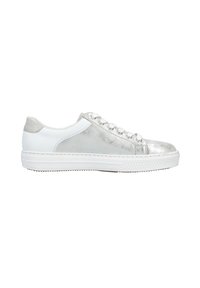 Metallic silver and white synthetic sneakers with round toe, lace-up front, and textured rubber sole. Smooth and shiny finish.