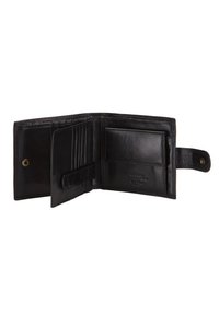 Černá kožená peněženka, bifold design. Obsahuje více přihrádek na karty, průhlednou kapsu na doklady a patentní uzávěr. Hladký povrch a jemná struktura.