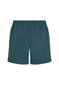 Shorts de bain pour hommes en vert foncé, fabriqués en tissu léger. Ils possèdent une taille élastique et une poche arrière avec un petit logo.