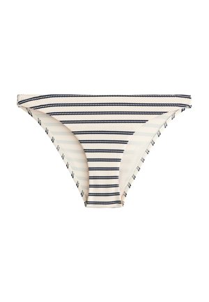 Gestreepte bikini onderkant met afwisselend marineblauwe en crème horizontale strepen, gemaakt van gladde stof, met gestikte randen en een minimalistisch bedekkingsontwerp.