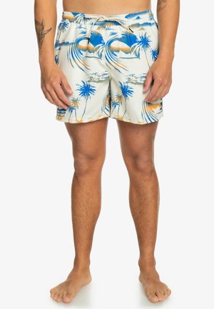 Herren-Schwimmshorts in Creme mit blauem und orangefarbenem Wellen- und Palmenprint. Hergestellt aus leichtem Stoff, mit elastischem Bund und Kordelzug.
