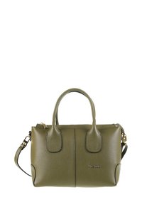 Groene leren handtas met gouden accenten, dubbele bovenhandvatten, afneembare schouderriem en subtiel geëmbosseerd logo. Geweven afwerking met naden.