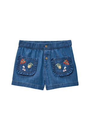 Short en jean avec taille élastique, deux poches avant à volants, chaque poche brodée de cerises, de citrons et de motifs floraux.