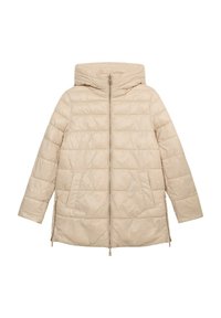 Chaqueta acolchada beige con cuello alto y cremallera frontal. Presenta secciones acolchadas horizontales y dos bolsillos laterales. Tejido liso, ligeramente brillante.