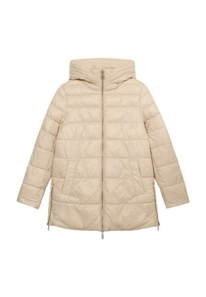 Beige puffjakke med høj krave og lynlås foran. Har vandrette quiltede sektioner og to sidelommer. Glat, let skinnende stof.