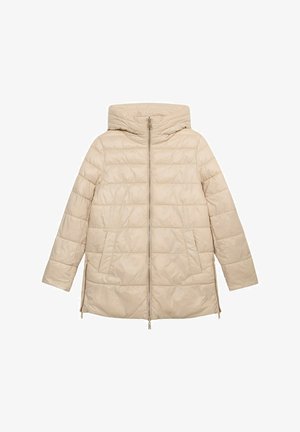 Beige Steppjacke mit hohem Kragen und einem Reißverschluss vorne. Verfügt über horizontale Steppabschnitte und zwei Seitentaschen. Glatter, leicht glänzender Stoff.