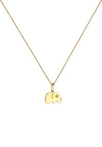 Gouden olifantenhanger aan een delicate ketting. De hanger heeft een glad, rond ontwerp met een klein oogdetail. De ketting is gedraaid voor textuur.