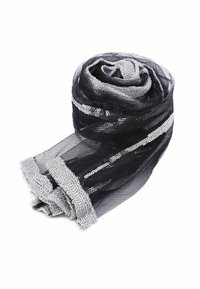 Sciarpa nera trasparente con paillettes argentate e rifiniture metalliche. Design arrotolato che mette in evidenza un mix di superfici lisce e testurizzate.