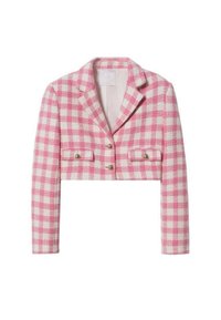 Zkrácená bunda v růžové a bílé kostkované tkanině. Má klopový límec, přední kapsy a zapínání na dvě knoflíky. Texturovaná látka.