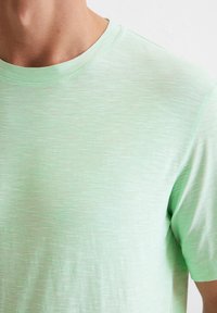 Helles grünes T-Shirt mit kurzen Ärmeln aus weichem, strukturiertem Stoff, mit Rundhalsausschnitt und dezentem gestreiftem Muster.