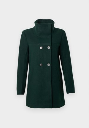 Palton din amestec de lână verde închis, cu guler înalt, design cu dublă deschidere, nasturi argintii și buzunare laterale. Textură netedă și croială ajustată.