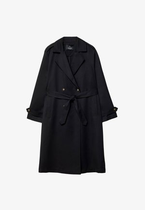 Black trench coat made of smooth fabric, featuring a double-breasted design, belted waist, and buttoned cuffs with two front pockets.