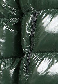 Grön puffjacka med glänsande, quiltade sektioner, med en svart dragkedja framtill. Materialet är jämnt och glänsande.