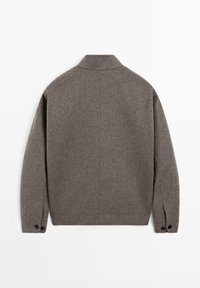 Gray wool jacket with a collared neckline, long sleeves featuring buttoned cuffs, and a clean, minimalist back design.