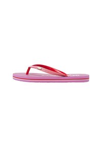 Roosa tekstuuriga talla ja punaste läikivate rihmadega flip-flop. Talla peal on rõhutatud väike hõbedane detail ja kihiline värvi disain.