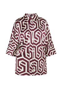 Camicia in satin con un motivo geometrico bordeaux e bianco, colletto e maniche corte. Dettaglio di chiusura con bottoni frontali.